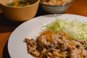 Japanese dinner with pork ginger stir fry and shredded cabbage
