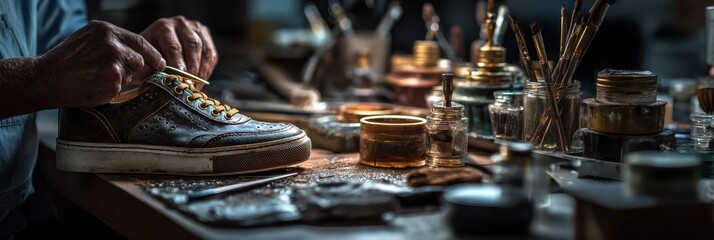 Crafting leather shoes in a workshop during evening hours with tools and materials organized on a workbench
