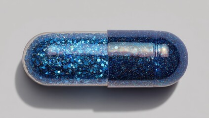 Close-up of a capsule filled with blue glitter