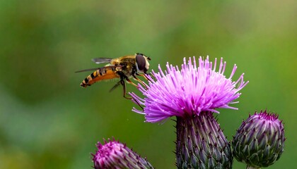 A hoverfly delicately rests upon a vibrant purple thistle, showcasing intricate patterns and colors against a blurred backdrop of out-of-focus greenery.