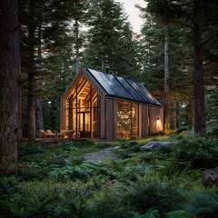 A cozy wooden cabin nestled within a lush forest at twilight