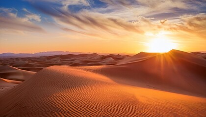 serene desert landscape at sunrise with mist and sand dunes