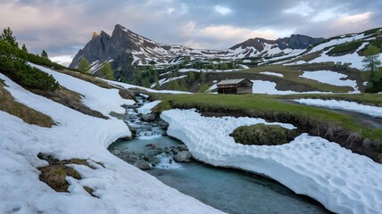 A small rustic cabin nestled in a mountain landscape with melting snow, a flowing stream, and green grass under a cloudy sky, showcasing early spring