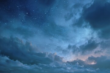 Obraz premium A breathtaking view of the night sky, adorned with countless stars and dramatic, deep blue clouds, with subtle hints of warm light breaking through the atmospheric layers