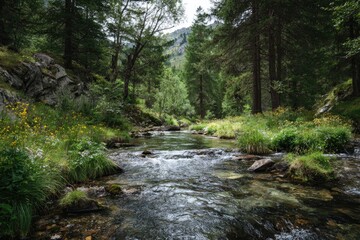 Obraz premium Mountain stream flowing through a lush forest. Rocky banks, wildflowers, and towering trees