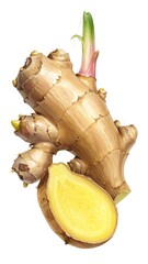 Fresh ginger root with a vibrant yellow interior and a healthy sprout, presented against a clean white background.
