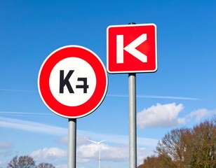 Two red and white road signs against a clear blue sky.  One round, one square.  Both feature a capital 'K' and a number