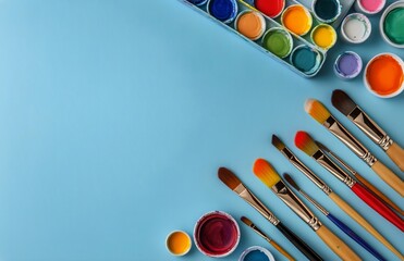Naklejka premium Watercolor Paints and Brushes Surrounding Blank White Paper on Blue Background.