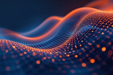 Abstract glowing orange and blue digital wave grid with depth effect, futuristic tech style on dark background, representing data flow concept. Ai generative