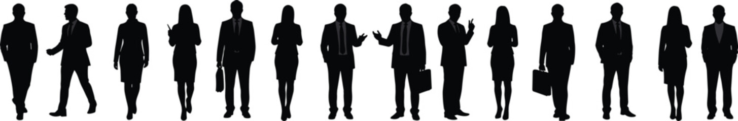 Silhouette of diverse business people in professional attire, standing in line, showcasing various corporate poses, executives with briefcases, walking, presenting, and conversing