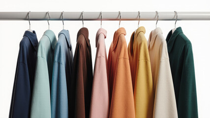 Clothing rack with pastel garments organized by color in a bright minimalist space