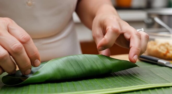 Venezuelan hands carefully folding hallaca banana leaf wraps with filling peeking out