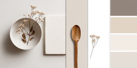 Fototapeta premium Minimalist tabletop arrangement featuring a white bowl, wooden spoon, and dried flowers, alongside a neutral color palette