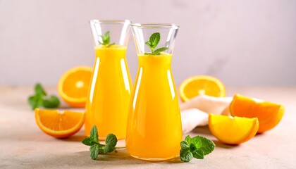 Fototapeta premium Two glasses of orange juice with fresh mint and orange slices