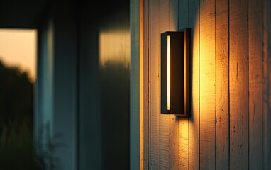 Exterior wall light, warm golden glow on light beige wooden siding