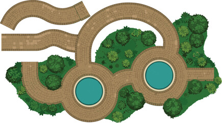 Top-down view of a stone-paved path layout with circular water fountains surrounded by lush greenery and plants, showcasing a well-maintained garden pathway design for outdoor landscaping