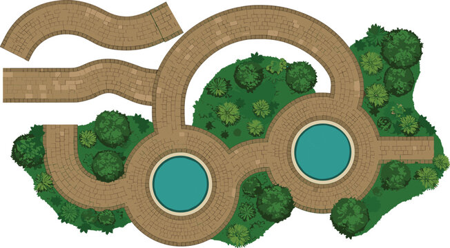 Top-down view of a stone-paved path layout with circular water fountains surrounded by lush greenery and plants, showcasing a well-maintained garden pathway design for outdoor landscaping