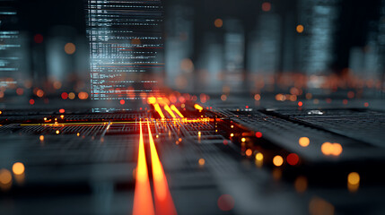 A captivating closeup of a hightech circuit board with glowing orange pathways, representing data flow, connectivity, and the digital infrastructure of modern technology