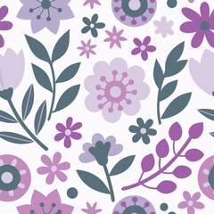Whimsical floral pattern with pastel purple and pink flowers and green leaves.