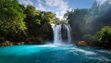 Fototapeta premium pays homage to allure of a cerulean cascade unveiling shades of turquoise or azure that grace water juxtaposed environs and profound awe and tranquility it inspires