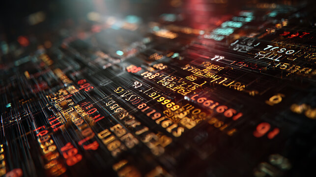 Abstract digital data stream with numbers and code flowing in a futuristic cyber space, creating a complex and dynamic visual representation of information