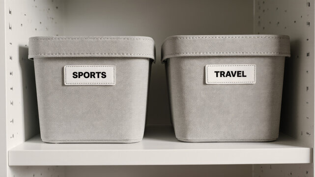 Gray fabric bins labeled sports and travel positioned on a shelf in a minimalist wardrobe