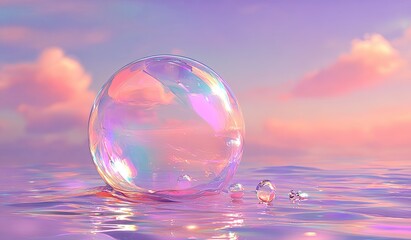 Large iridescent bubble floats on a pastel pink and purple water surface,  with soft clouds in a sunset sky