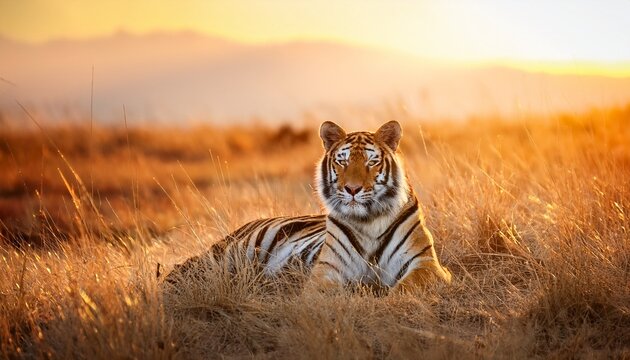 majestic tiger resting in golden grassland at sunset for international tiger day