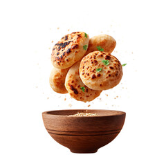 bhatura bread puffed mid-air with bubbles and charred patches clearly visible