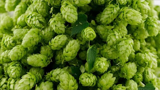 Pile of fresh green hops with textured cones and a few leaves