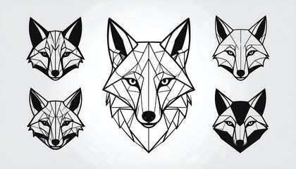 Geometric fox head portraits in black line art