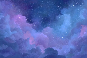 Fototapeta premium A breathtaking view of a starry night sky filled with swirling clouds in shades of deep blue, vibrant purple, and soft pink, creating a magical and ethereal atmosphere