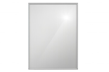 Sleek silver-framed mirror reflecting soft light, creating contemporary elegance with minimalist transparent backdrop