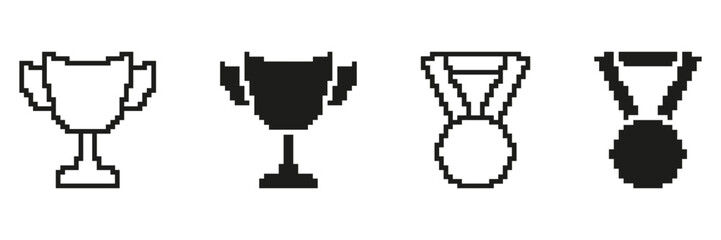 Fototapeta premium Pixel Art Trophy And Medal Icon Set. Achievement And Recognition Symbol Collection. Retro Gaming Style Awards For Competitions And Success. Isolated Vector Illustration