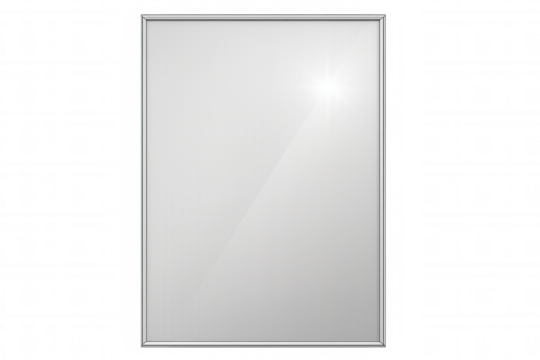 Sleek silver-framed mirror reflecting soft light, creating contemporary elegance with minimalist transparent backdrop