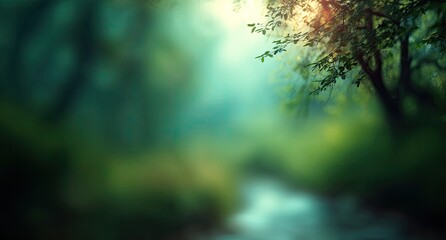 Obraz premium Misty forest path, soft focus. Sunlight filters through trees