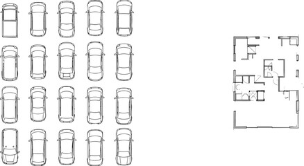 Top-down car parking layout with multiple parked cars, vehicle plan for garage, detailed floor plan design for automotive spaces, parking garage, blueprint, car models, parking lot design concep © Obaidul Vector Zoon