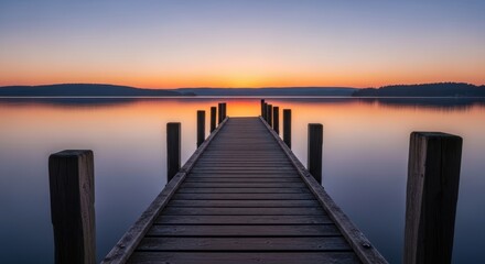 Tranquil sunset over serene lake with wooden pier and calm waters