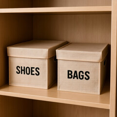 Wooden shelf with labeled storage boxes for shoes and bags in a wardrobe