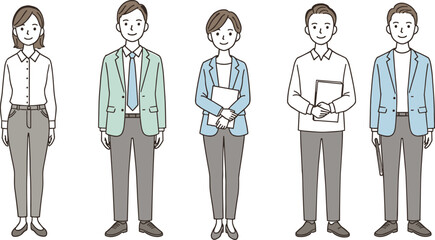 Group of business people standing together, office professionals wearing suits, smiling, corporate teamwork concept, diversity in workplace, isolated characters on white background