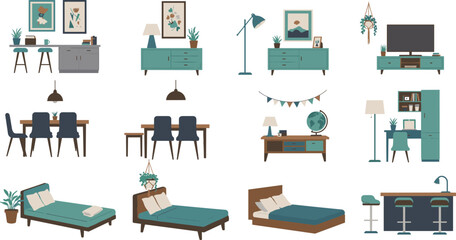 Stylish modern home furniture collection with various living room, dining room, and office decor in vibrant teal tones, featuring plants, lighting, and decorative accessories for contemporary interior