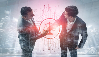 Futuristic digital law interface displaying justice scale, highlighting digital law, AI compliance,...