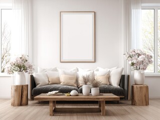 Minimalist living room with wooden accents and pink blossoms