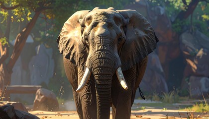 Fototapeta premium A majestic African elephant stands in a sunlit habitat, its large tusks prominent and detailed.