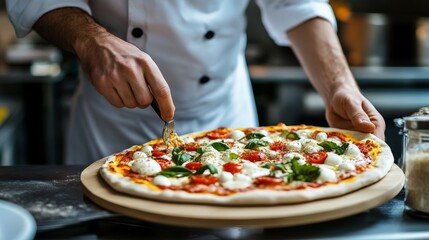 Close up of a baker s hand preparing a delicious pizza in a busy kitchen setting