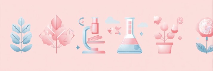 Illustration Depicting Plants, Laboratory Equipment, and Scientific Elements in Pastel Colors on a Soft Pink Background