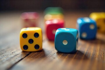 Close-up shot of several colorful dice rolling across a wooden surface, capturing the motion blur and randomness of the game , motion blur, speed