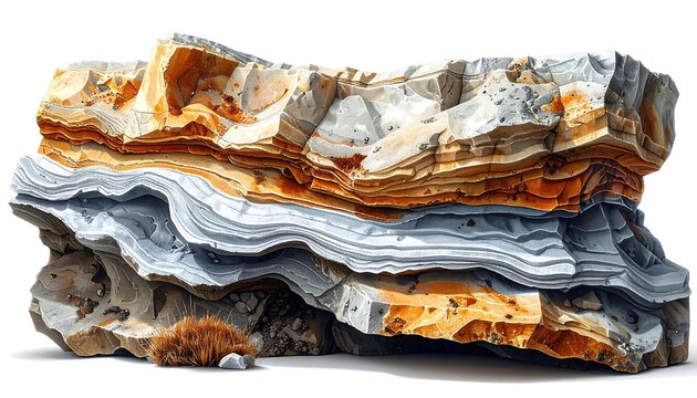 A detailed illustration of a large rock formation, showcasing intricate layers of varying shades of orange, gray, and beige, set against a plain white background.
