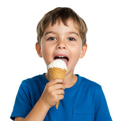 Happy boy eating ice cream cone with joy on white background  