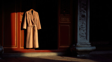 coat hanging on hook near entrance of temple bathed in ultrabright sunlight creates unique atmosphere